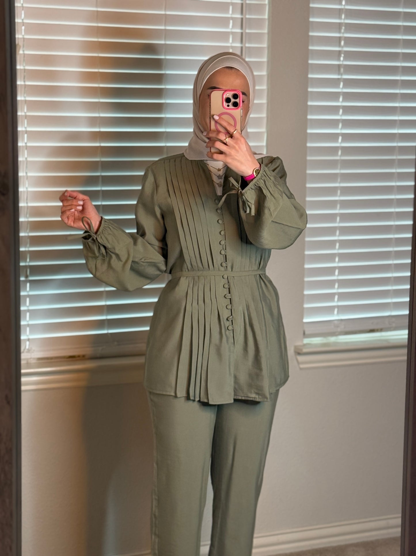 Olive green linen set with pleated top