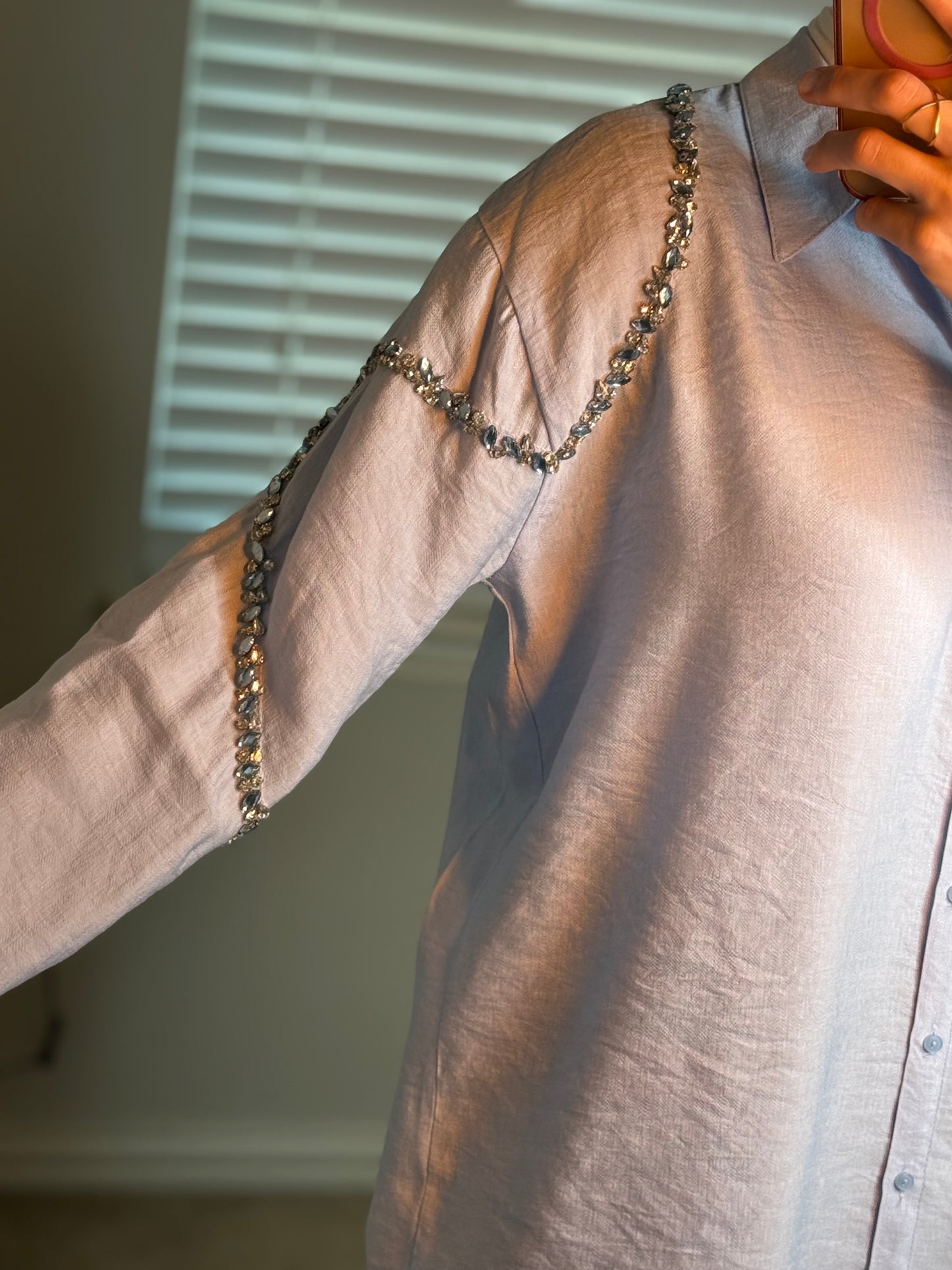 Blue Linen Shirt with Sleeve Detail