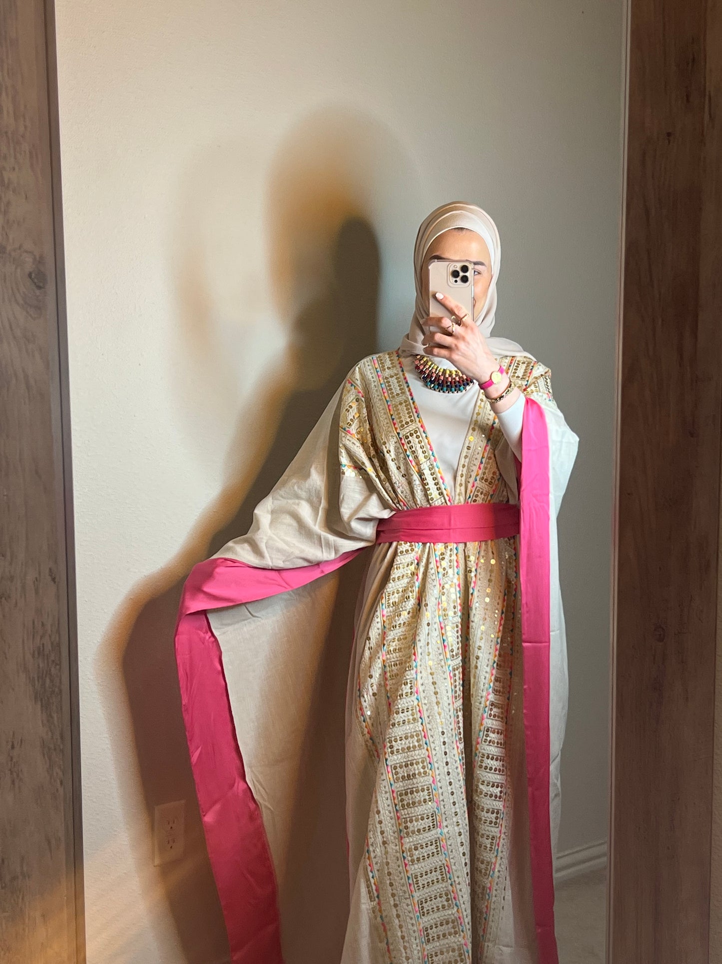 Fuchsia & Beige Belted Abaya