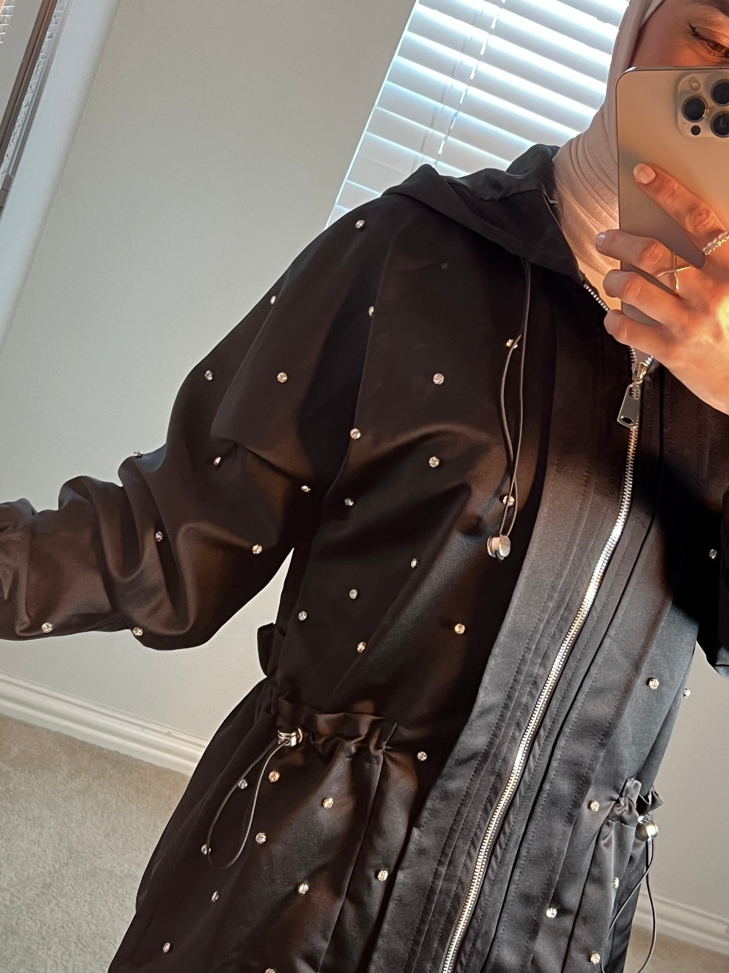 Black hooded jacket with rhinestones