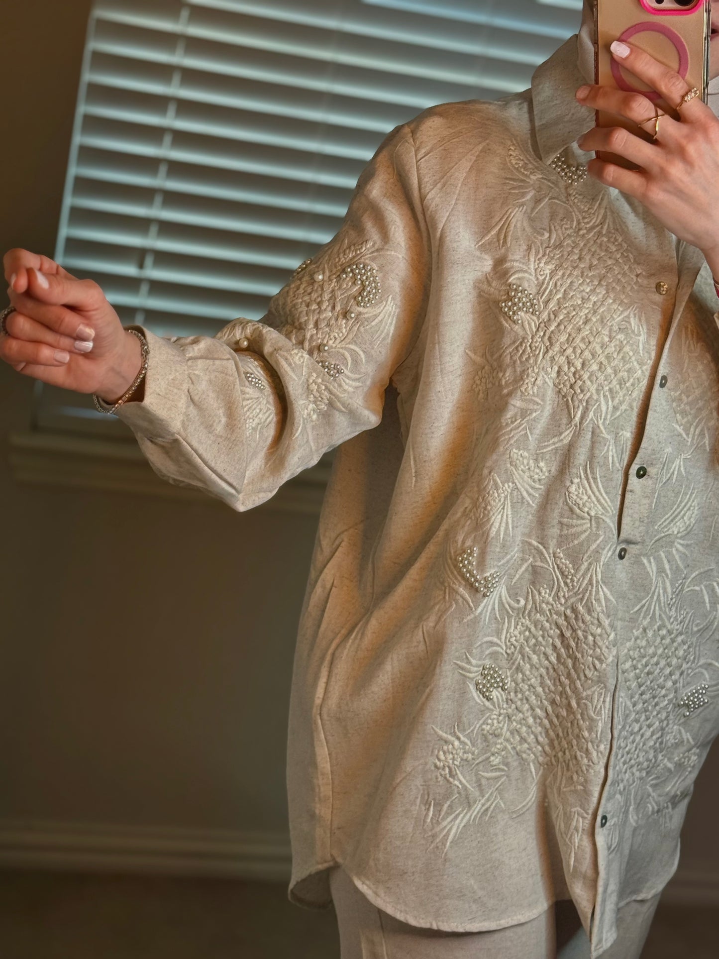 Elegant Linen Suit with Pearl Details