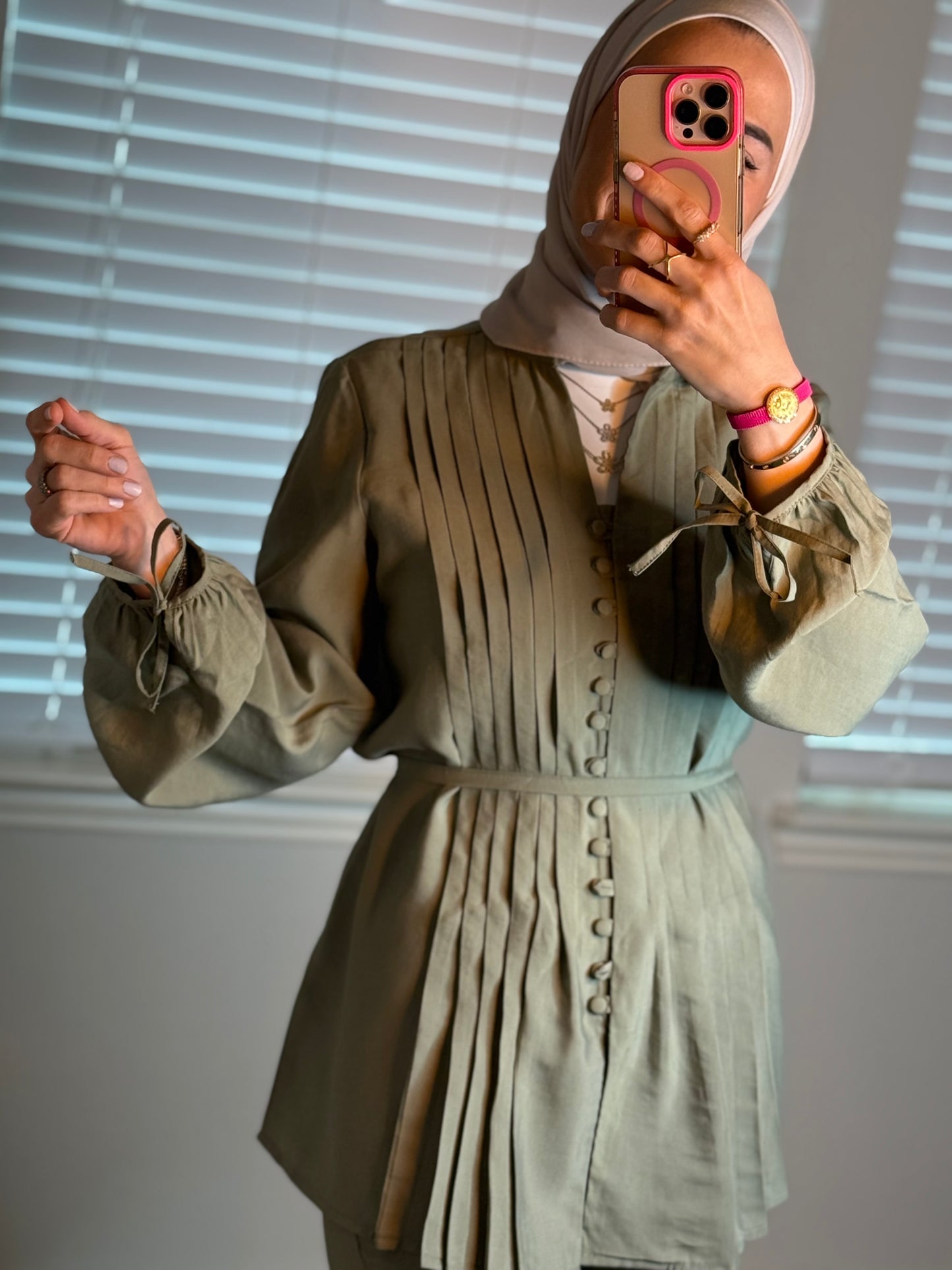 Olive green linen set with pleated top