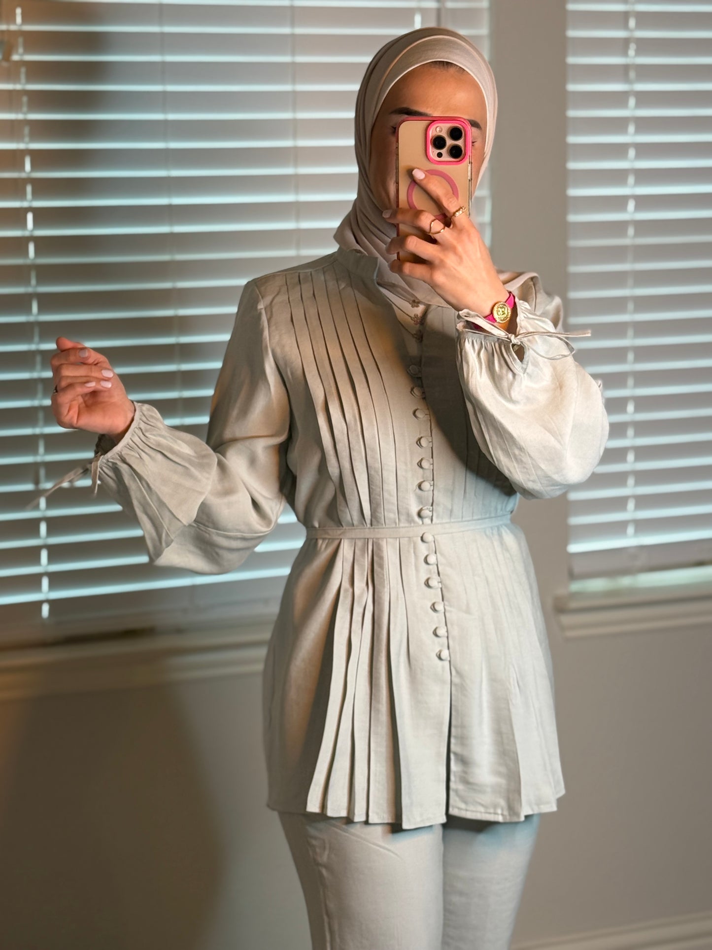 Mint linen set with pleated top