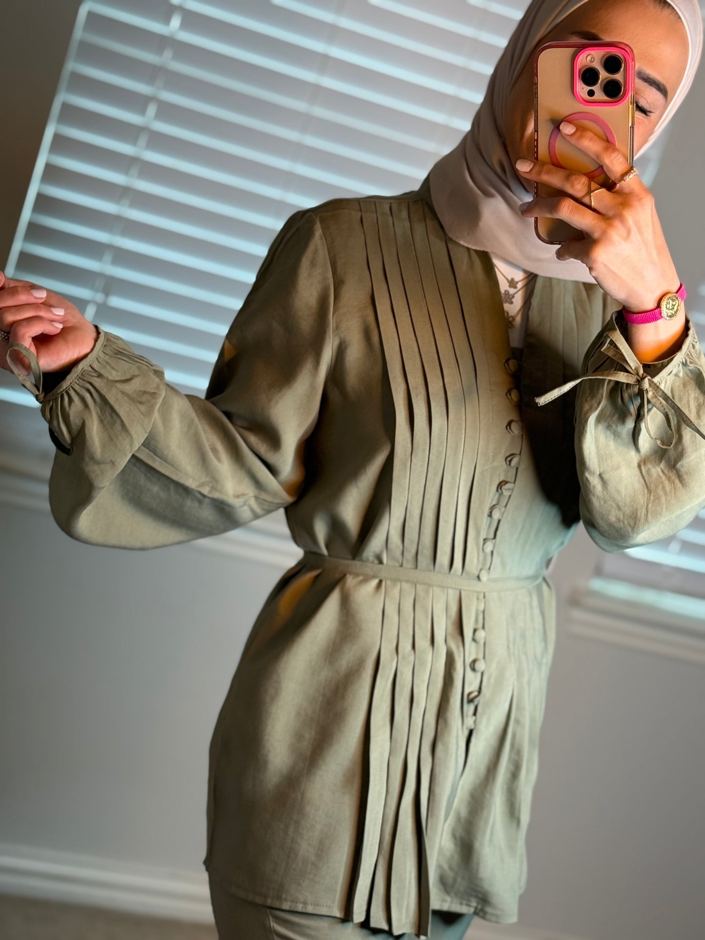 Olive green linen set with pleated top