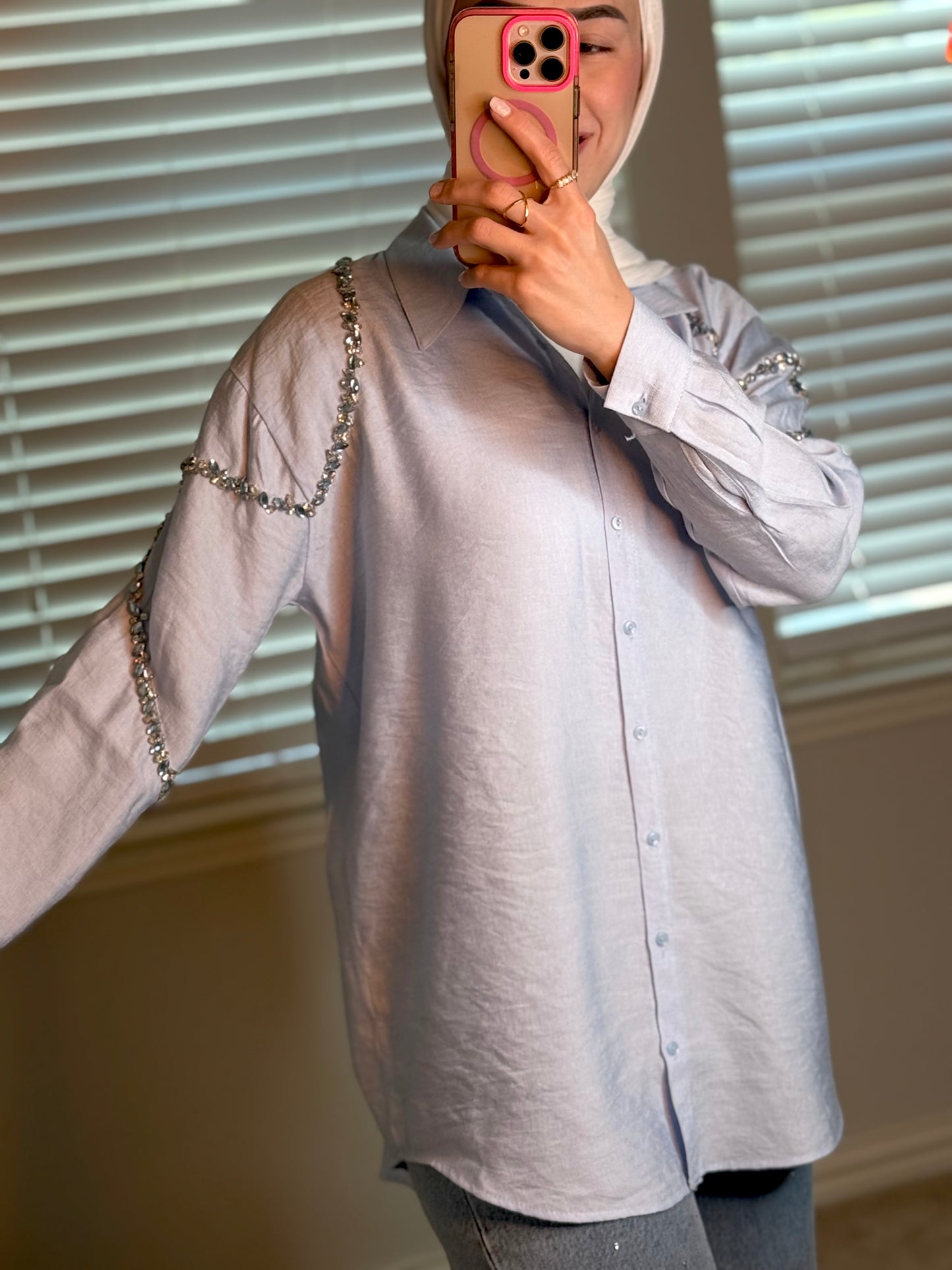 Blue Linen Shirt with Sleeve Detail