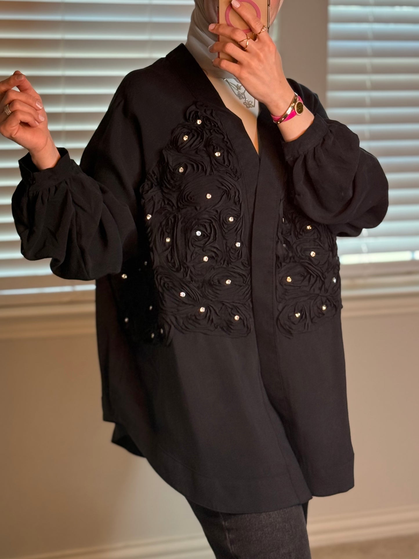 Black Floral Pearl Cardigan